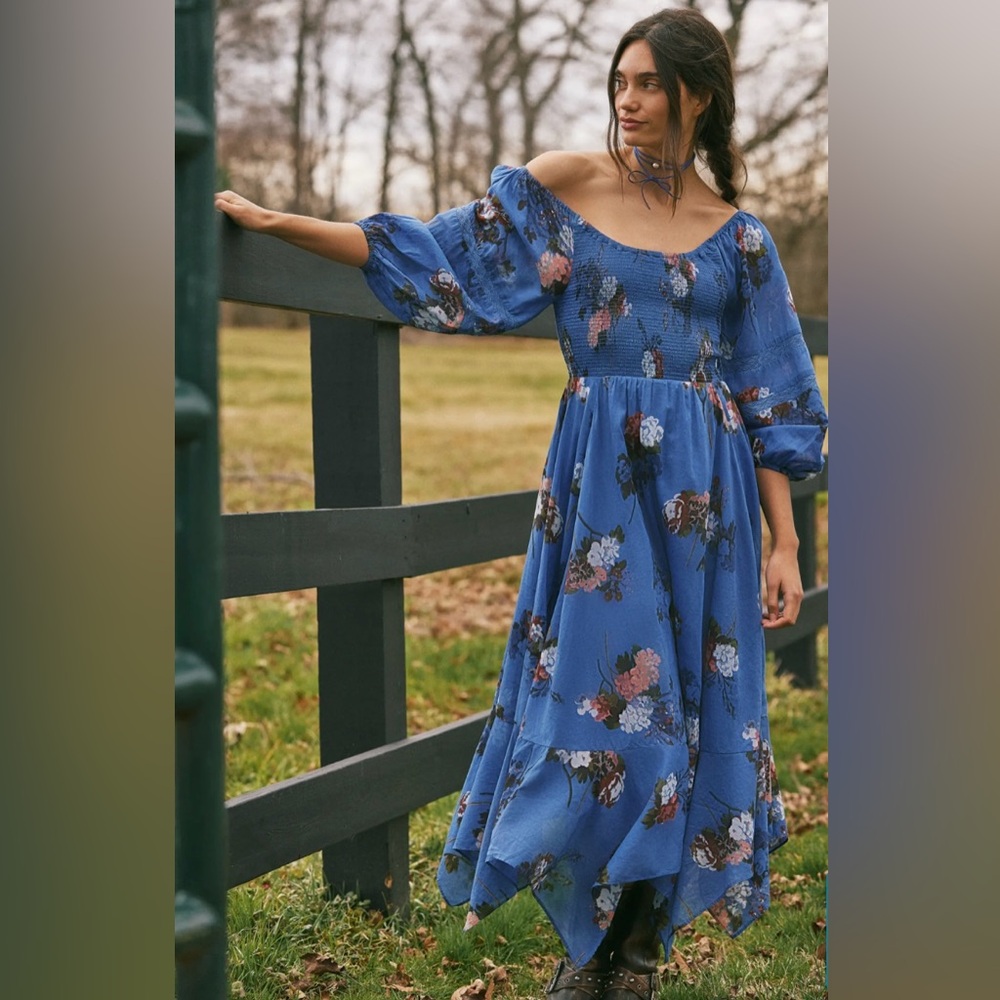 Free People Morning Glory Floral Smocked Long Sleeve Maxi Dress size Medium